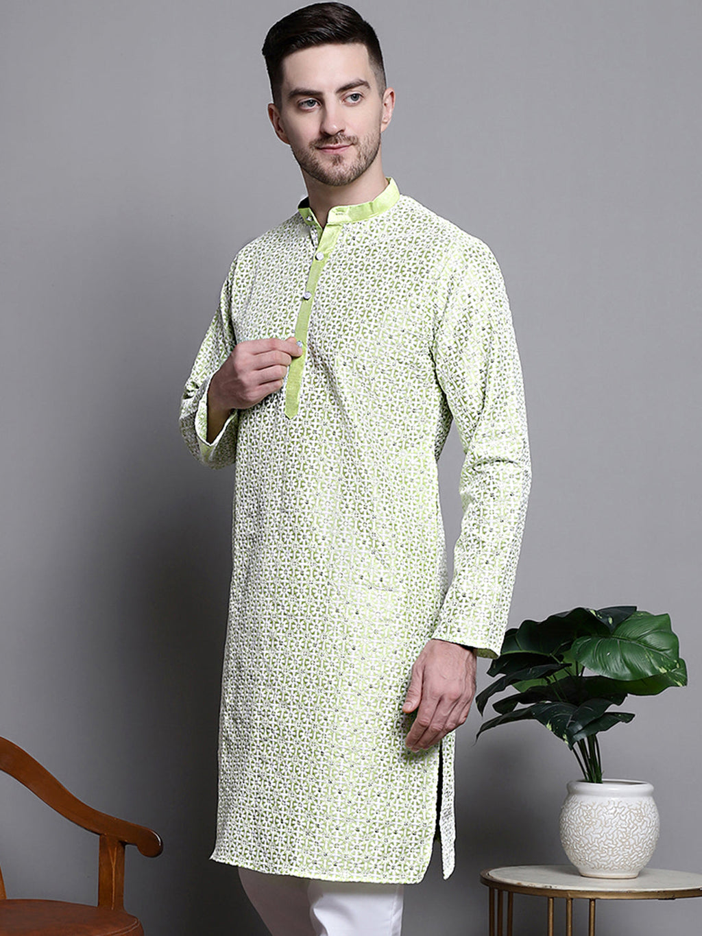 Jompers Men's Sequin Embroidered Silk Blend Kurta - Pista