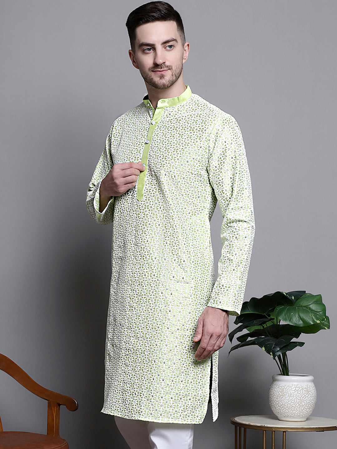 Jompers Men's Sequin Embroidered Silk Blend Kurta - Pista
