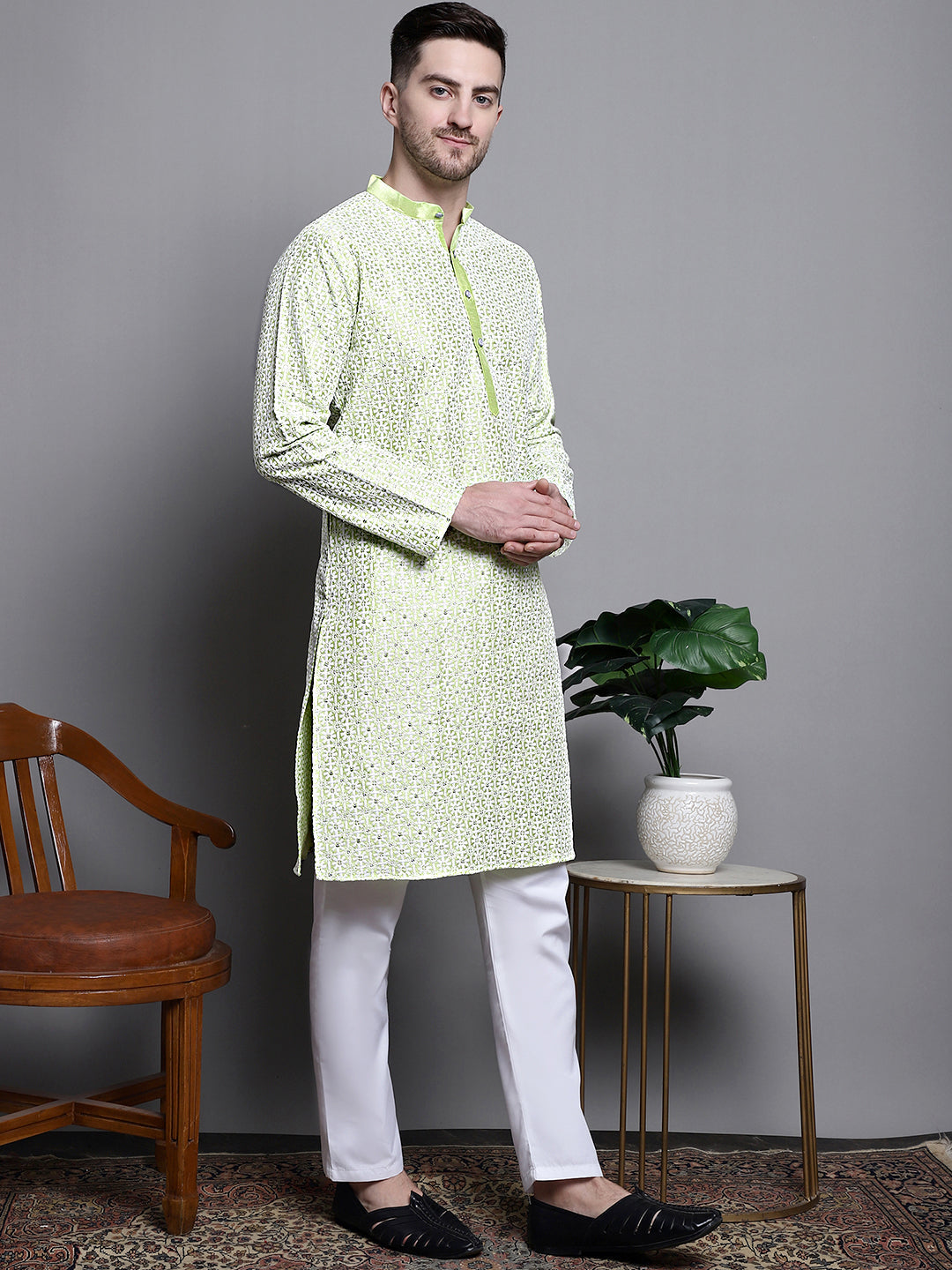 Jompers Men's Sequin Embroidered Silk Blend Kurta - Pista
