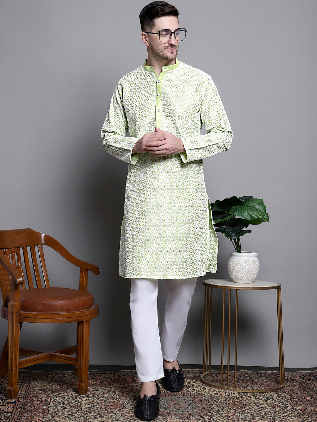 Jompers Men's Sequin Embroidered Silk Blend Kurta - Pista