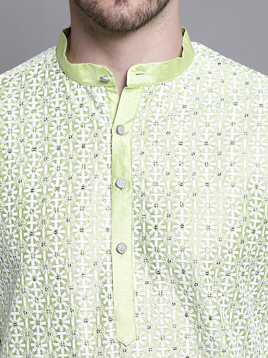 Jompers Men's Sequin Embroidered Silk Blend Kurta - Pista