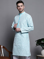 Jompers Men's Sequin Embroidered Silk Blend Kurta - Sky Blue