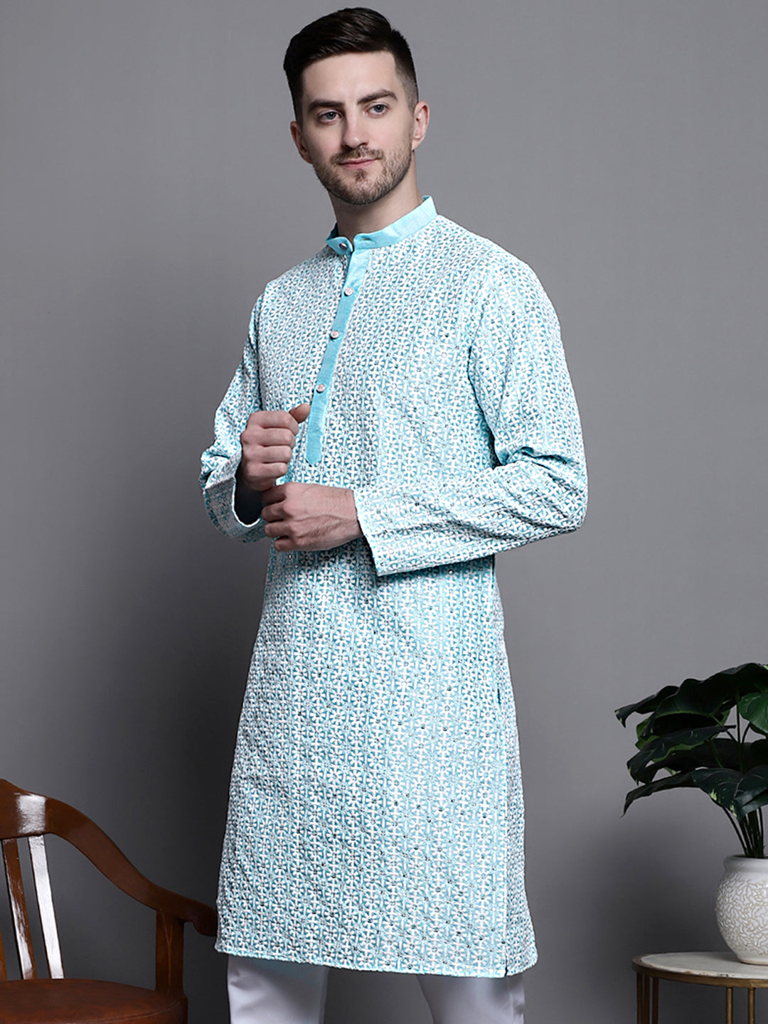 Jompers Men's Sequin Embroidered Silk Blend Kurta - Sky Blue
