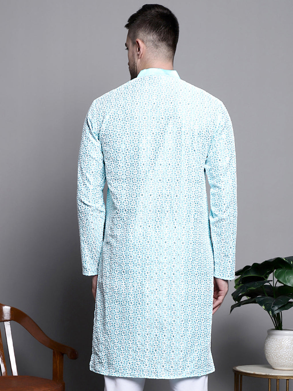 Jompers Men's Sequin Embroidered Silk Blend Kurta - Sky Blue