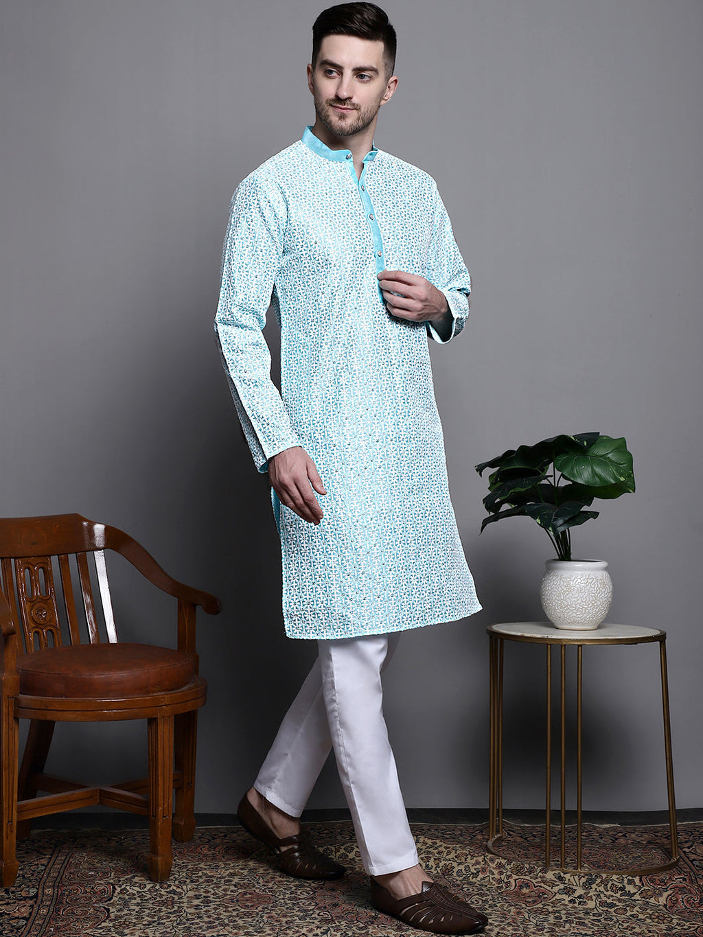 Jompers Men's Sequin Embroidered Silk Blend Kurta - Sky Blue