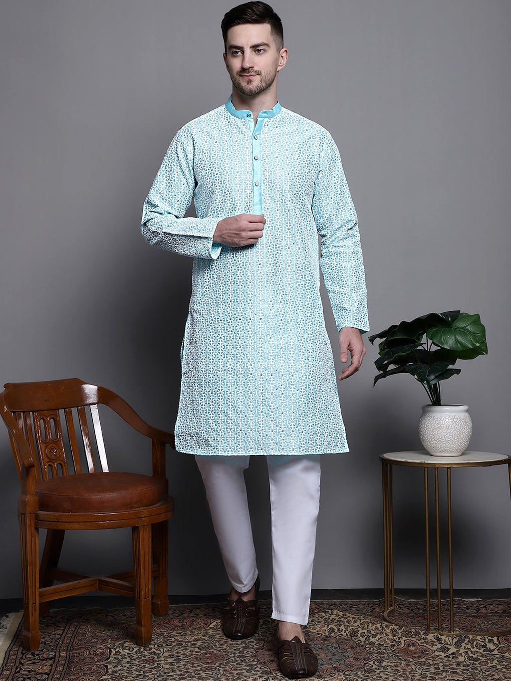 Jompers Men's Sequin Embroidered Silk Blend Kurta - Sky Blue