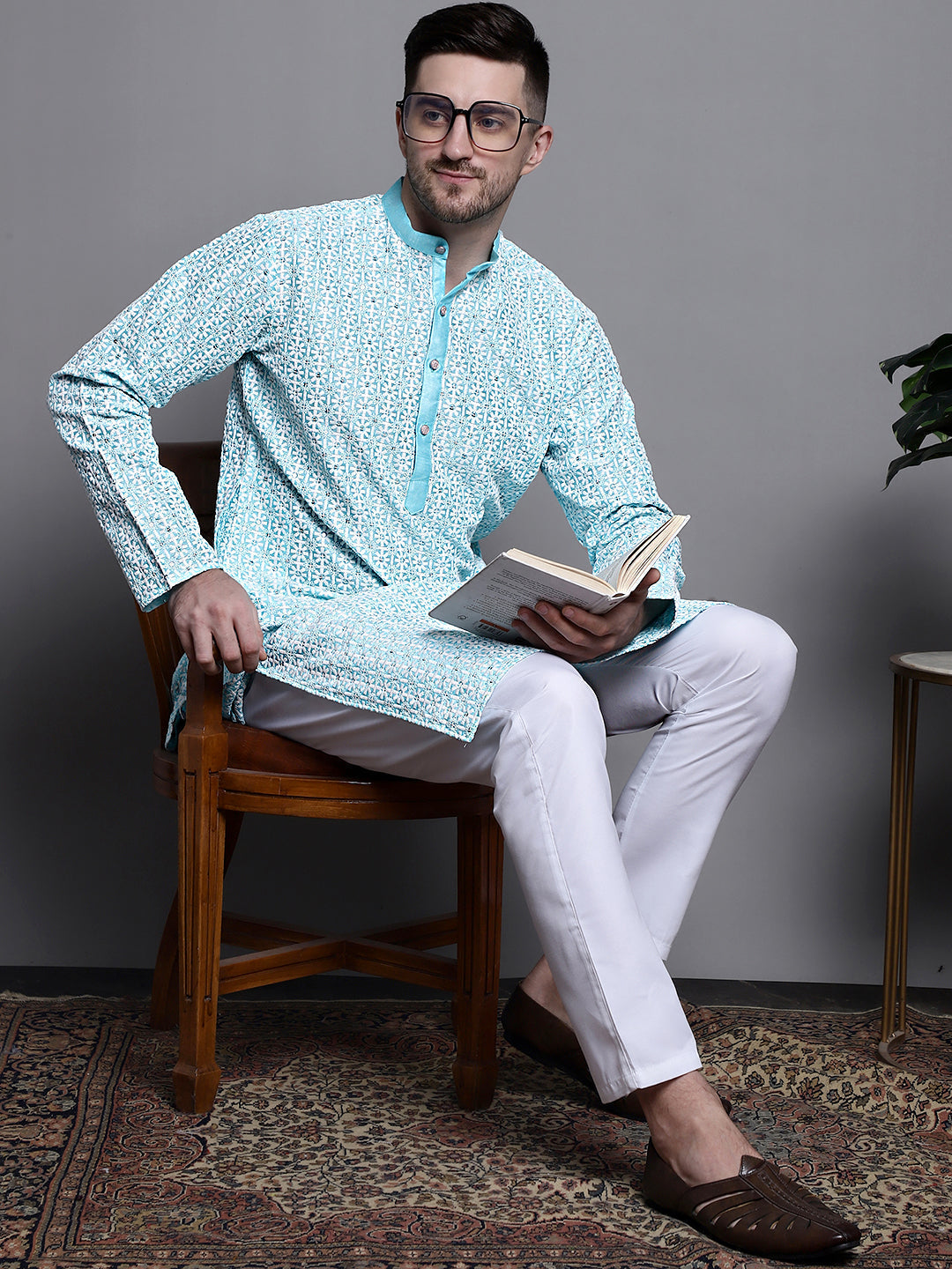 Jompers Men's Sequin Embroidered Silk Blend Kurta - Sky Blue