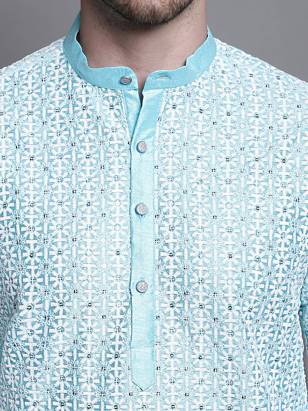 Jompers Men's Sequin Embroidered Silk Blend Kurta - Sky Blue
