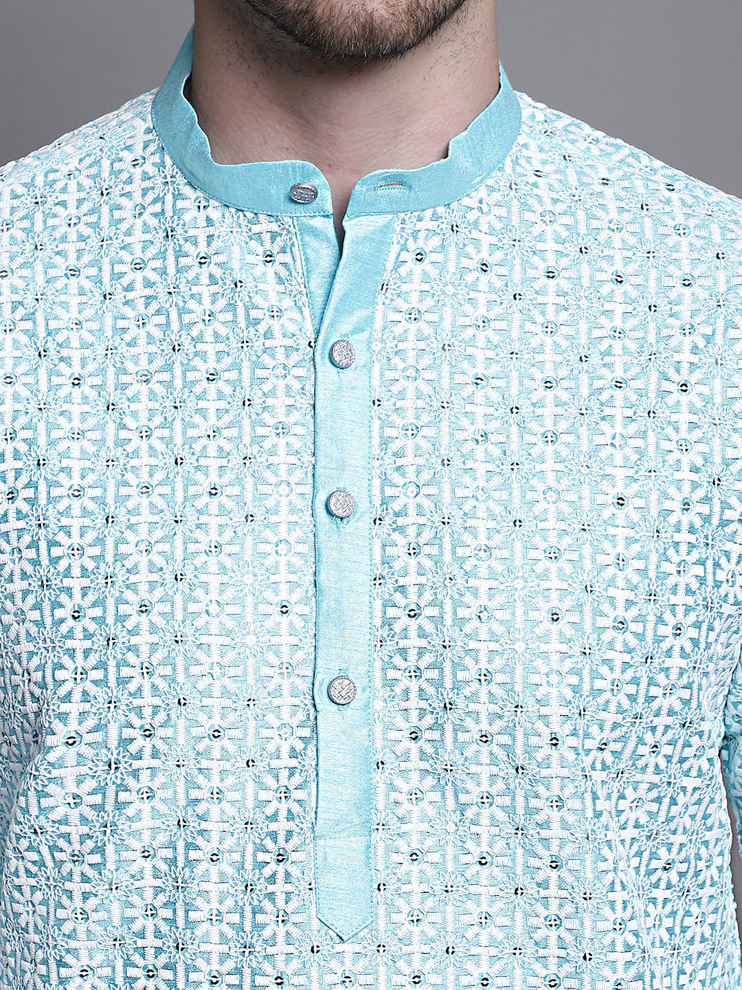 Jompers Men's Sequin Embroidered Silk Blend Kurta - Sky Blue
