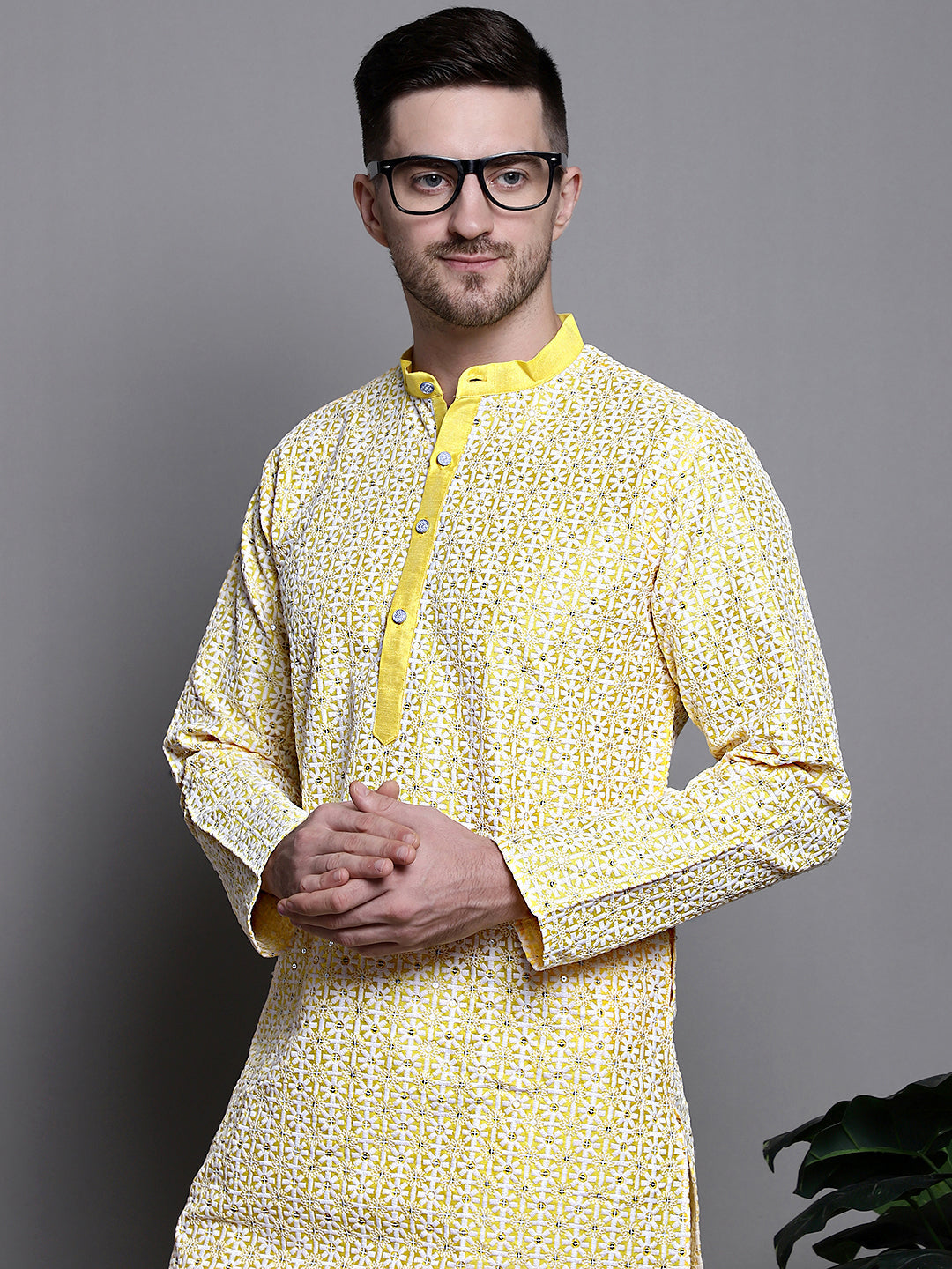 Jompers Men's Sequin Embroidered Silk Blend Kurta - Yellow