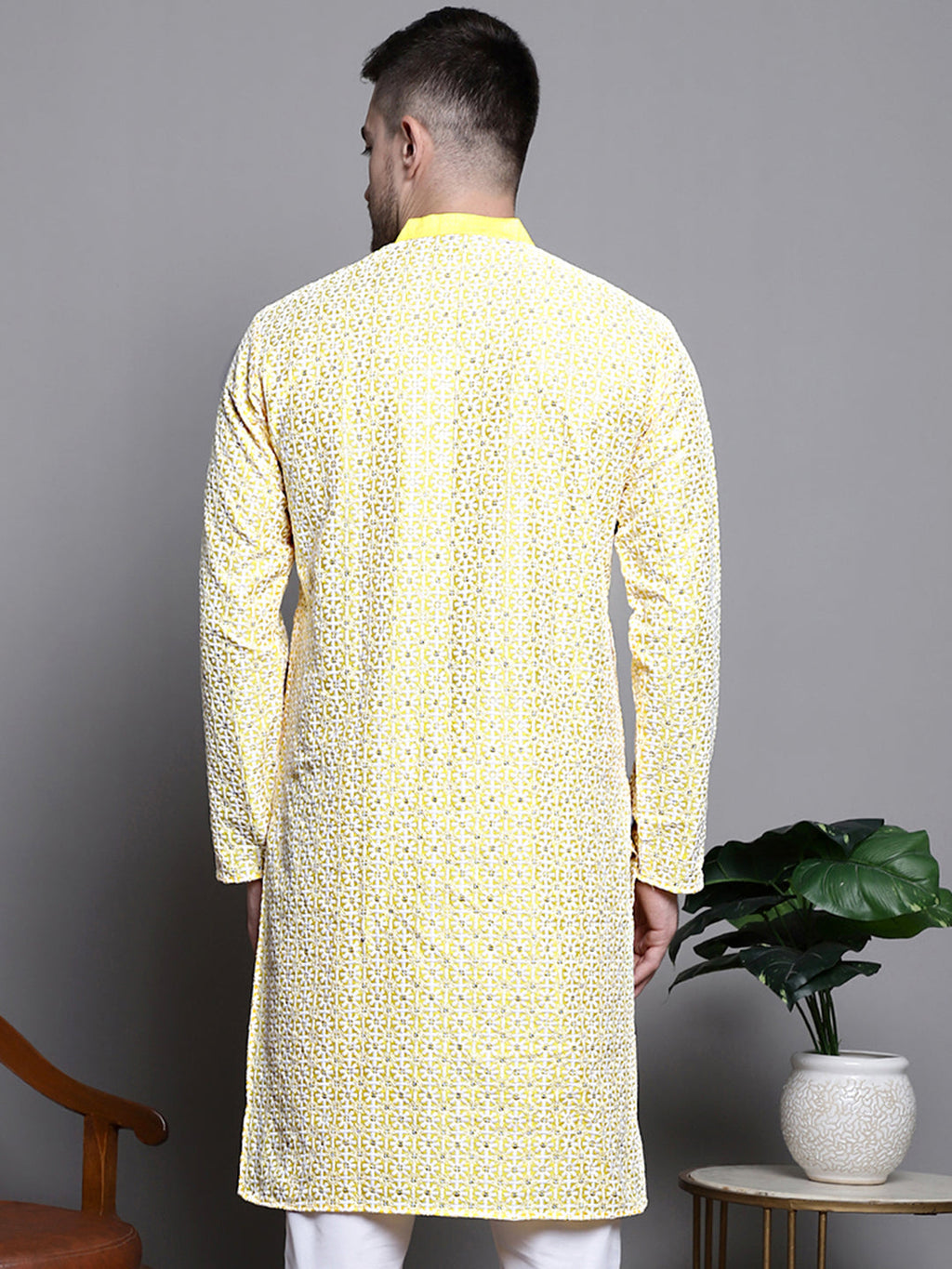 Jompers Men's Sequin Embroidered Silk Blend Kurta - Yellow