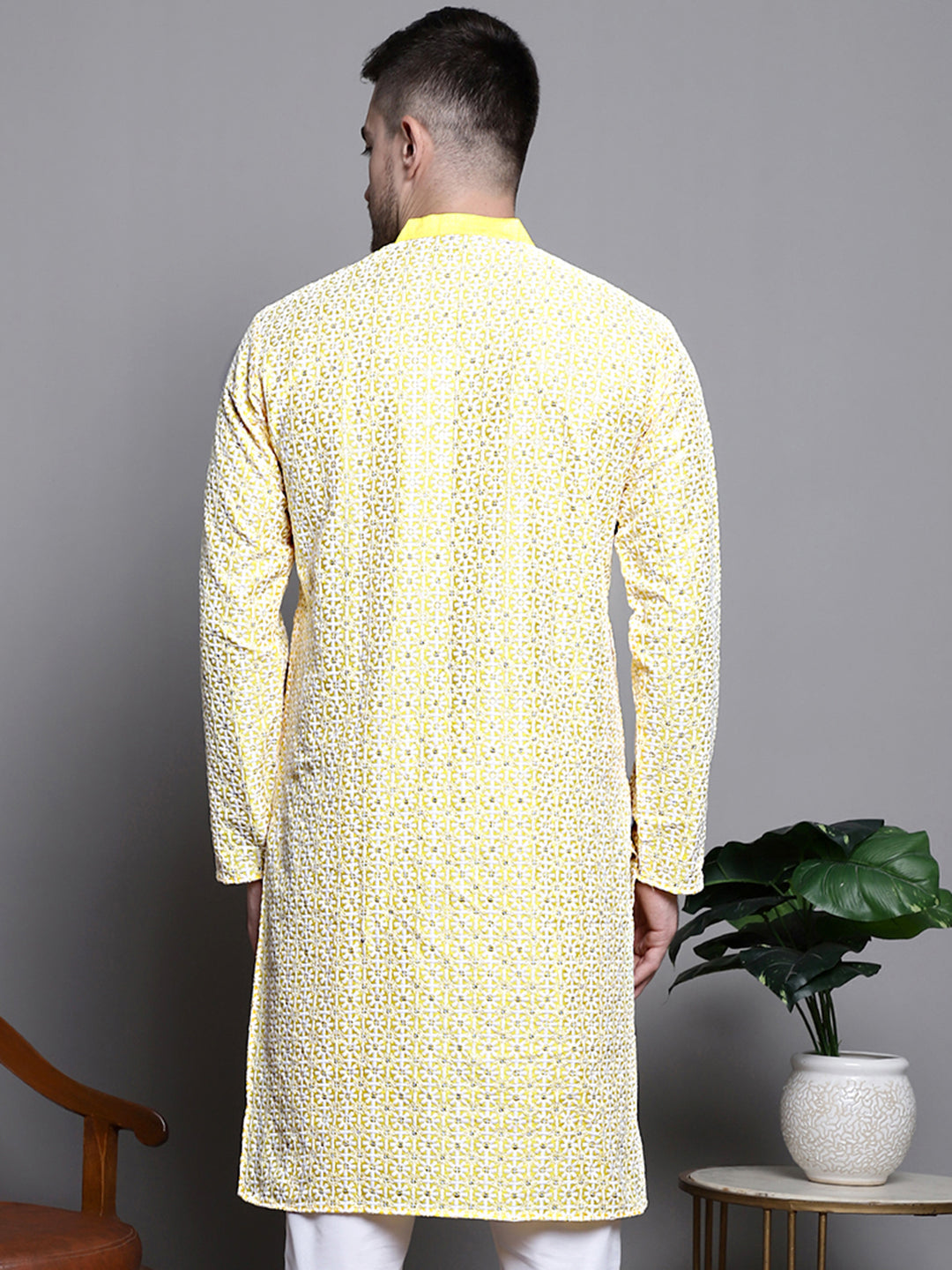 Jompers Men's Sequin Embroidered Silk Blend Kurta - Yellow