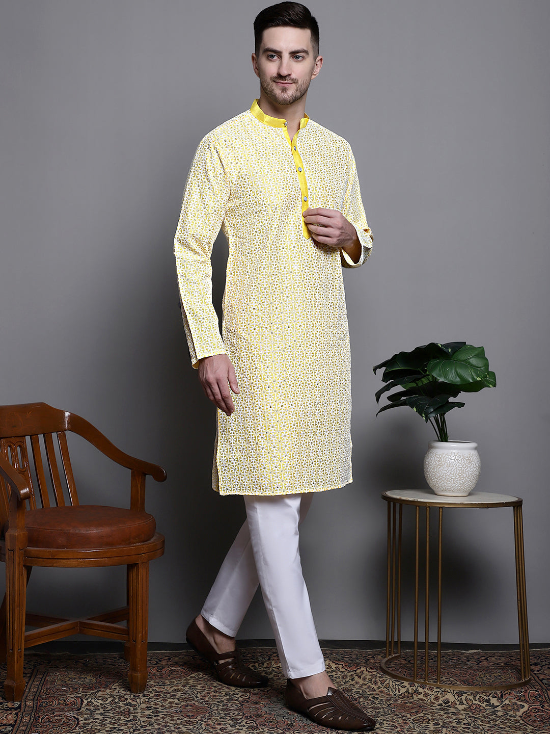 Jompers Men's Sequin Embroidered Silk Blend Kurta - Yellow