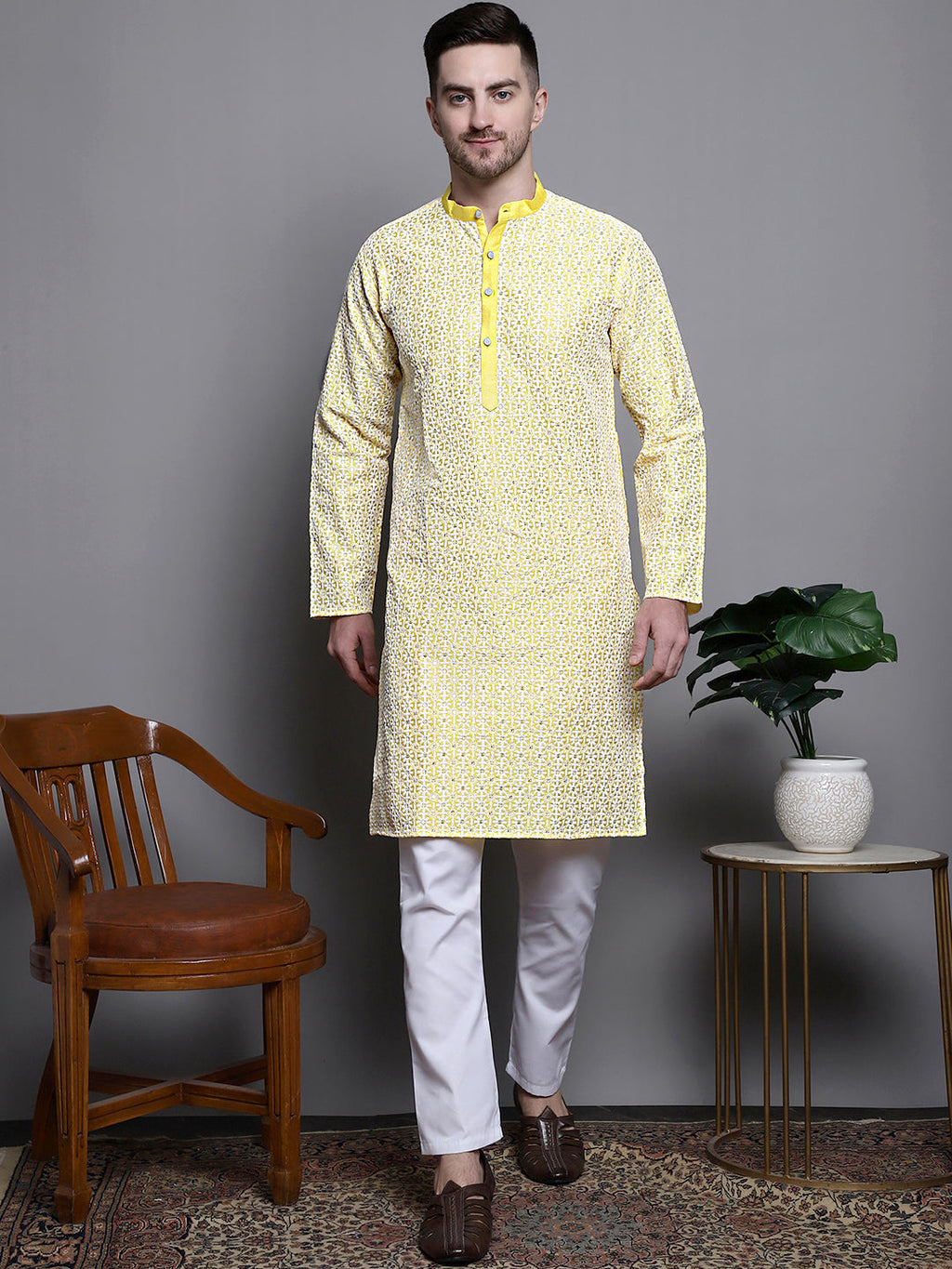 Jompers Men's Sequin Embroidered Silk Blend Kurta - Yellow
