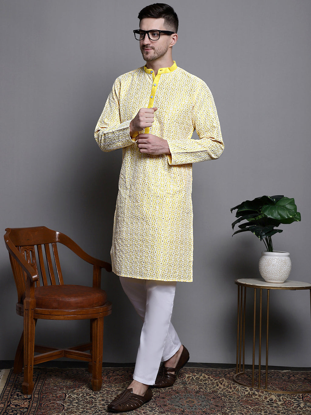 Jompers Men's Sequin Embroidered Silk Blend Kurta - Yellow