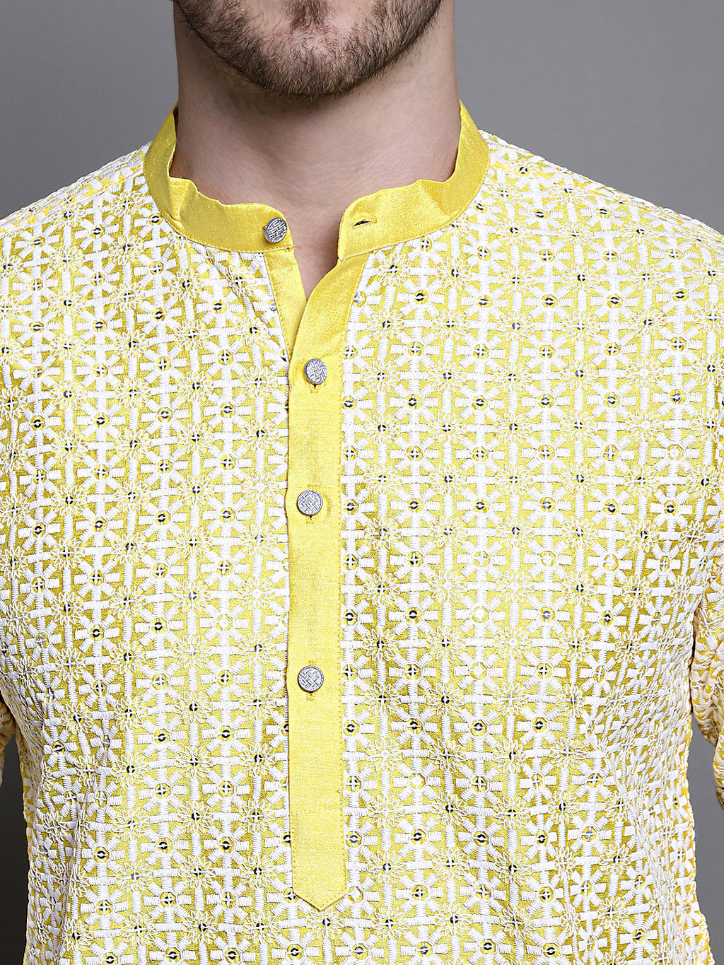 Jompers Men's Sequin Embroidered Silk Blend Kurta - Yellow