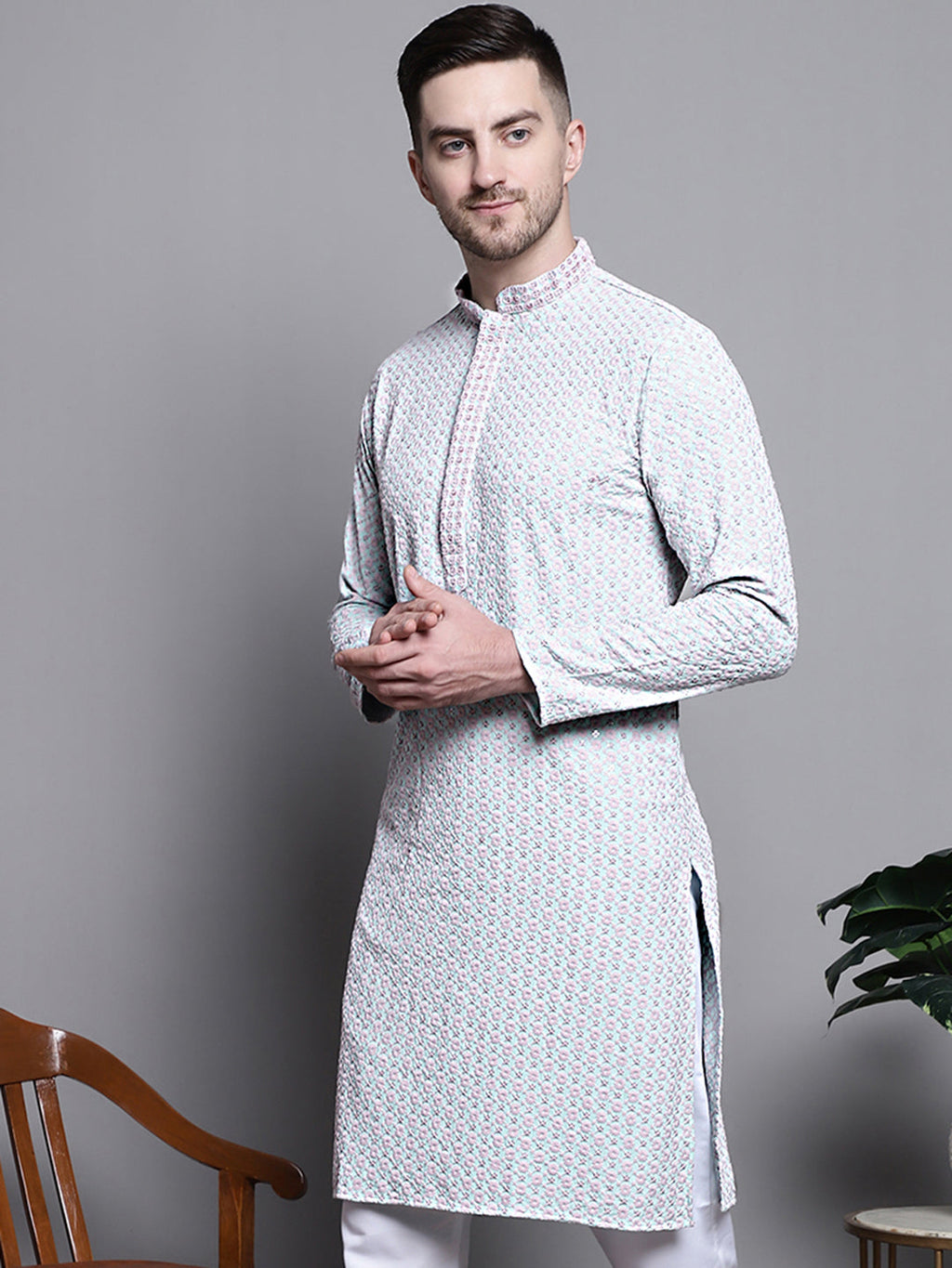 Jompers Men's Sequin Embroidered Pure Cotton Kurta - Blue