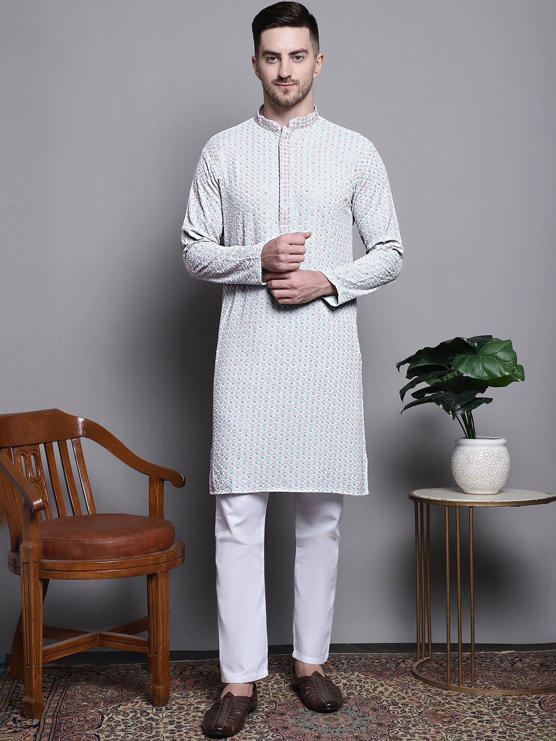 Jompers Men's Sequin Embroidered Pure Cotton Kurta - Blue
