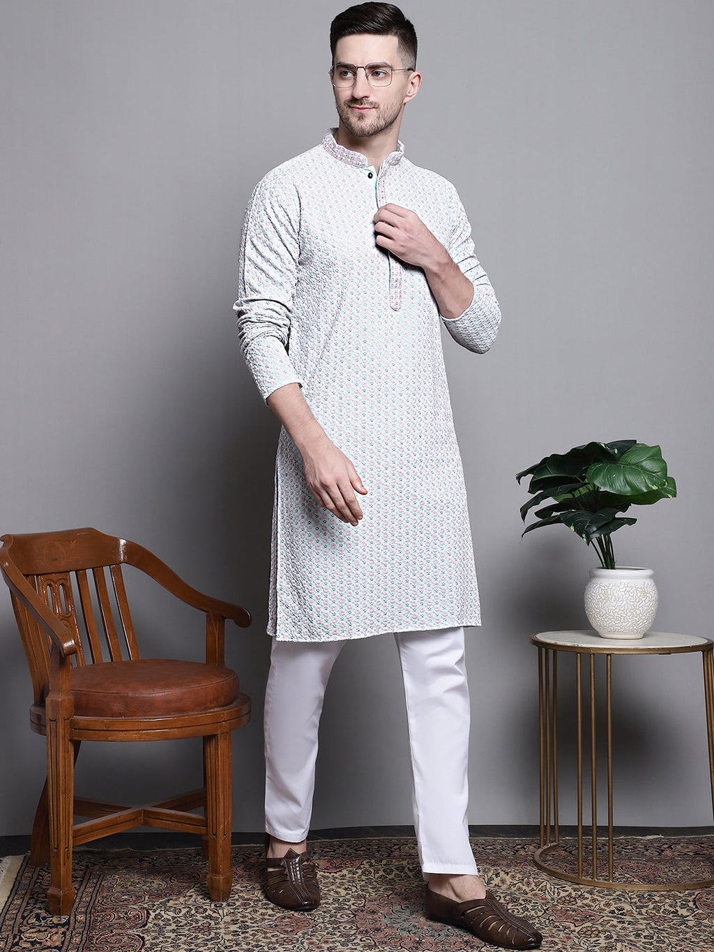 Jompers Men's Sequin Embroidered Pure Cotton Kurta - Blue