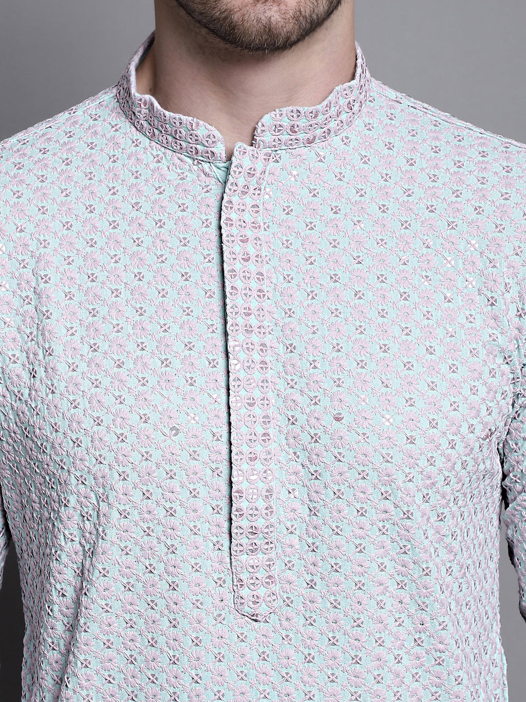 Jompers Men's Sequin Embroidered Pure Cotton Kurta - Blue