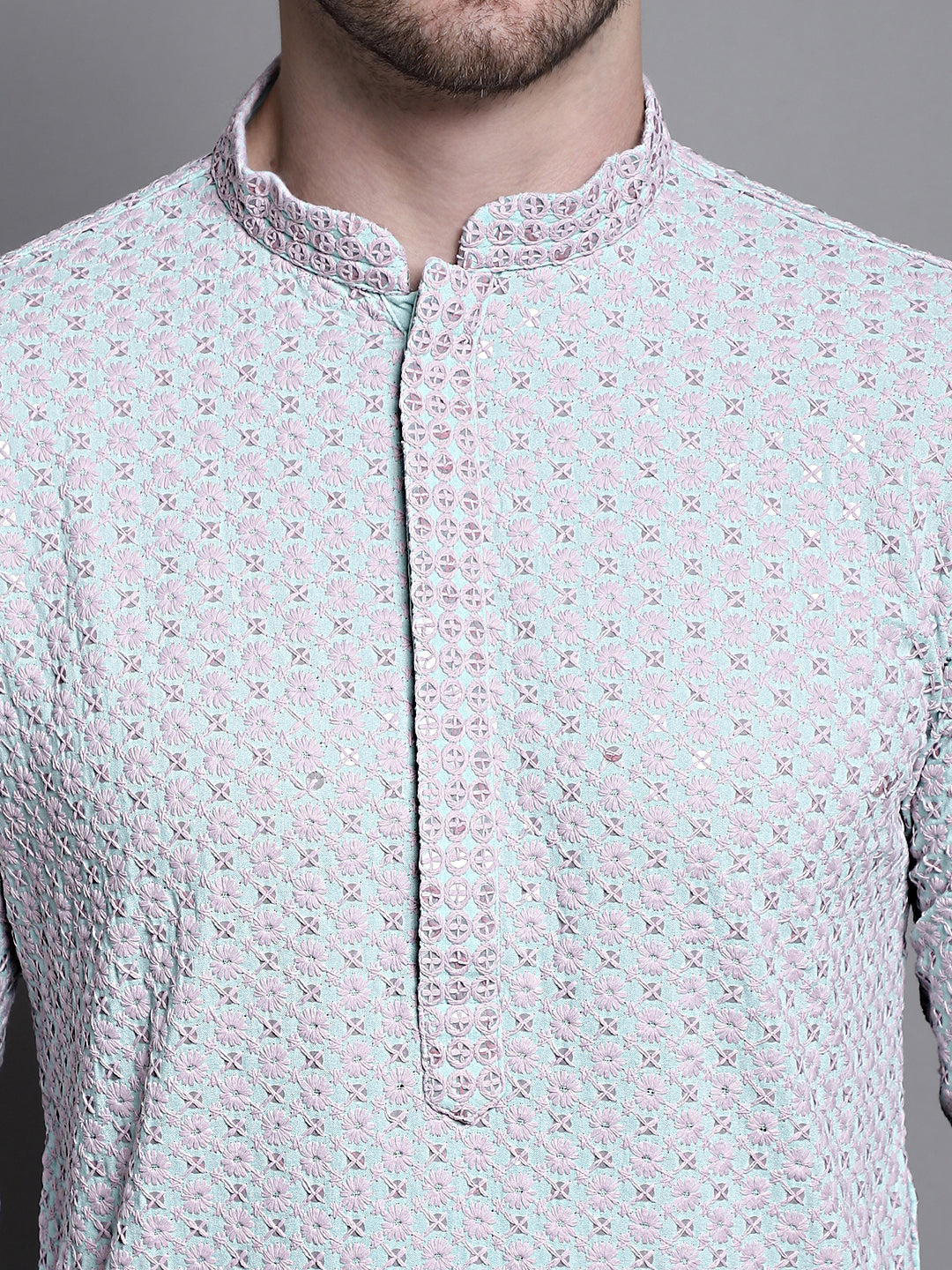Jompers Men's Sequin Embroidered Pure Cotton Kurta - Blue