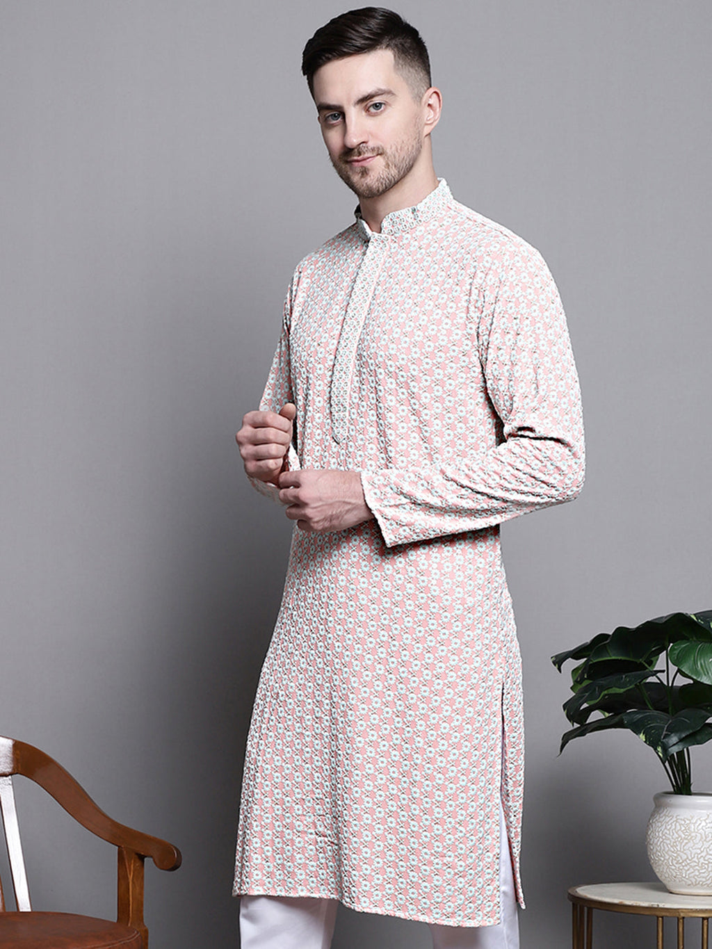 Jompers Men's Sequin Embroidered Pure Cotton Kurta - Peach
