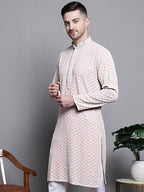 Jompers Men's Sequin Embroidered Pure Cotton Kurta - Peach