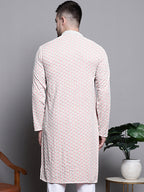 Jompers Men's Sequin Embroidered Pure Cotton Kurta - Peach