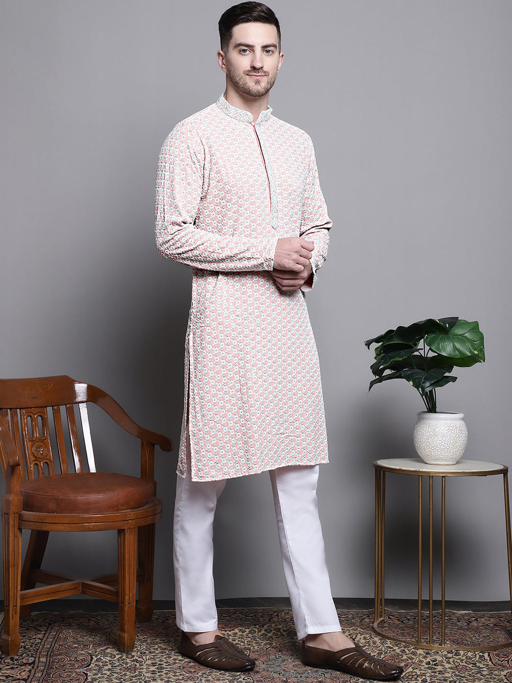 Jompers Men's Sequin Embroidered Pure Cotton Kurta - Peach