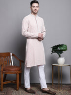 Jompers Men's Sequin Embroidered Pure Cotton Kurta - Peach