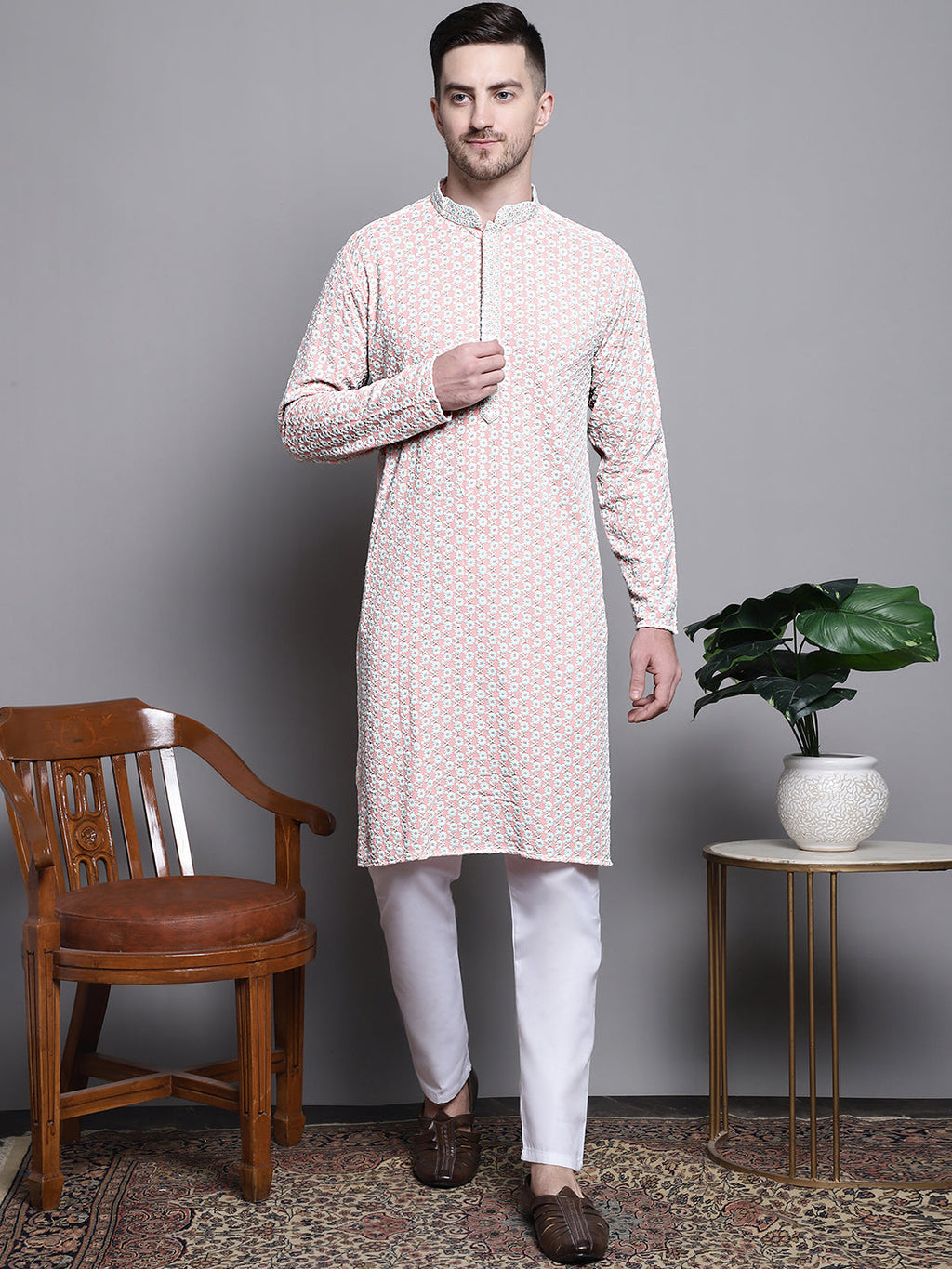 Jompers Men's Sequin Embroidered Pure Cotton Kurta - Peach