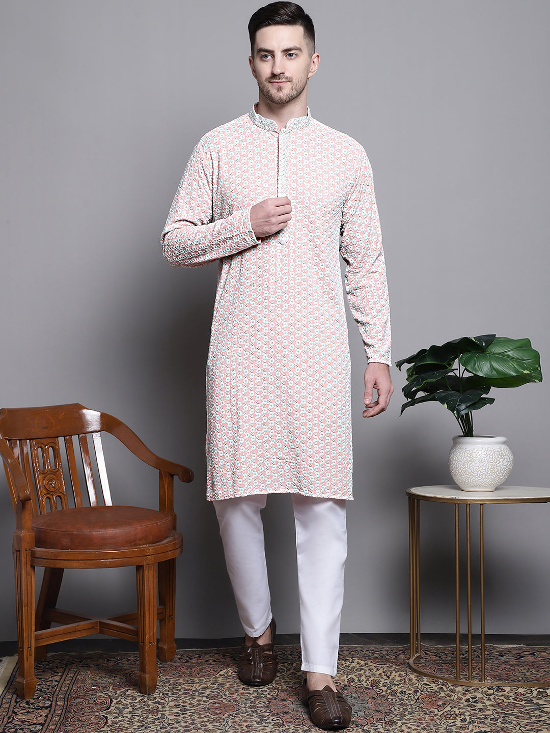 Jompers Men's Sequin Embroidered Pure Cotton Kurta - Peach