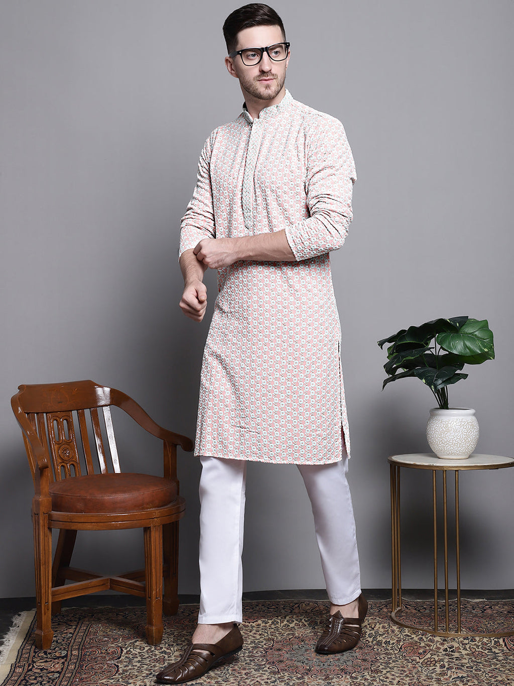 Jompers Men's Sequin Embroidered Pure Cotton Kurta - Peach