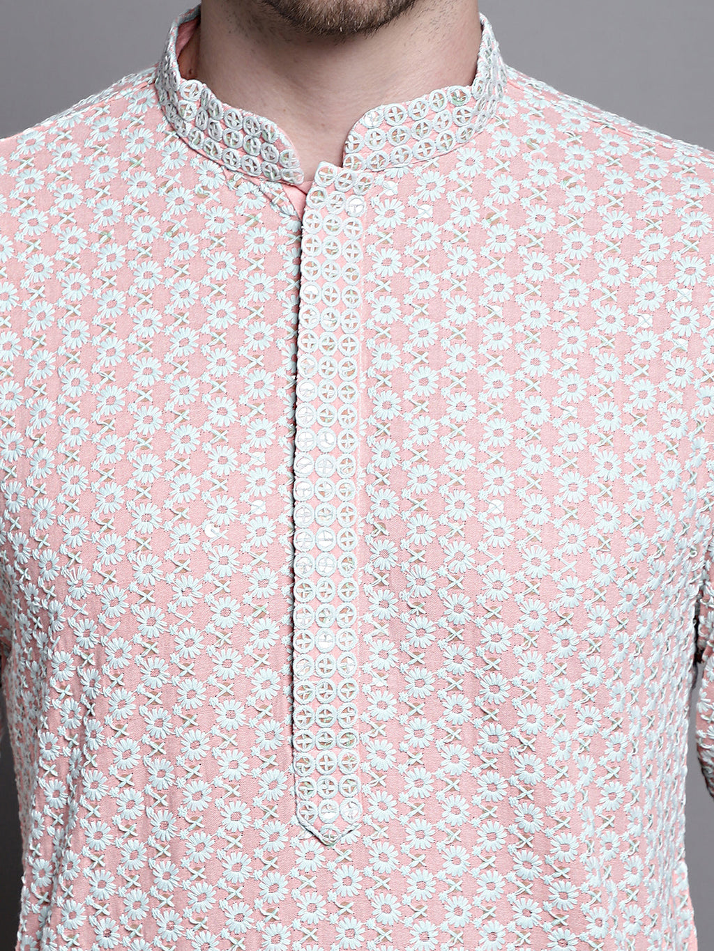 Jompers Men's Sequin Embroidered Pure Cotton Kurta - Peach