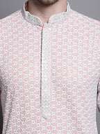 Jompers Men's Sequin Embroidered Pure Cotton Kurta - Peach