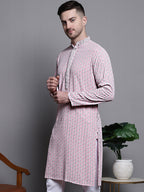 Jompers Men's Sequin Embroidered Pure Cotton Kurta - Pink
