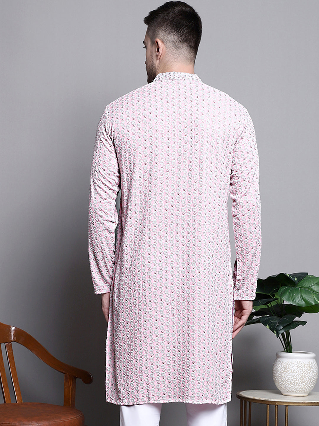 Jompers Men's Sequin Embroidered Pure Cotton Kurta - Pink