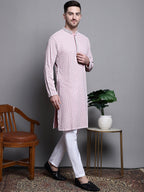 Jompers Men's Sequin Embroidered Pure Cotton Kurta - Pink