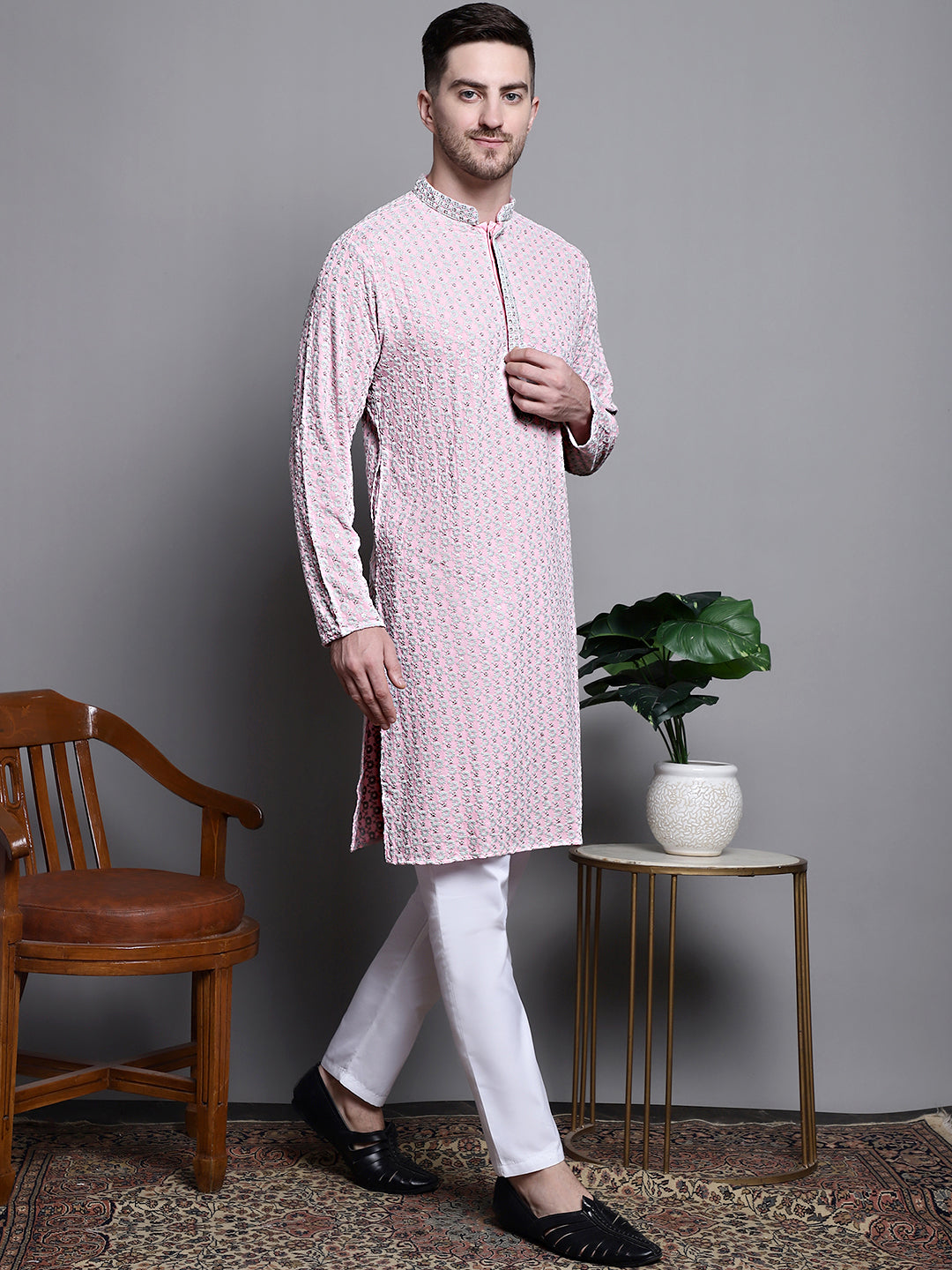Jompers Men's Sequin Embroidered Pure Cotton Kurta - Pink