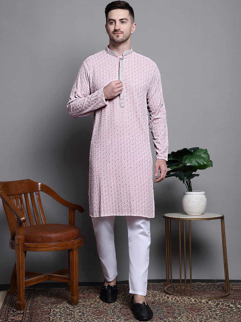 Jompers Men's Sequin Embroidered Pure Cotton Kurta - Pink