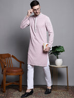 Jompers Men's Sequin Embroidered Pure Cotton Kurta - Pink