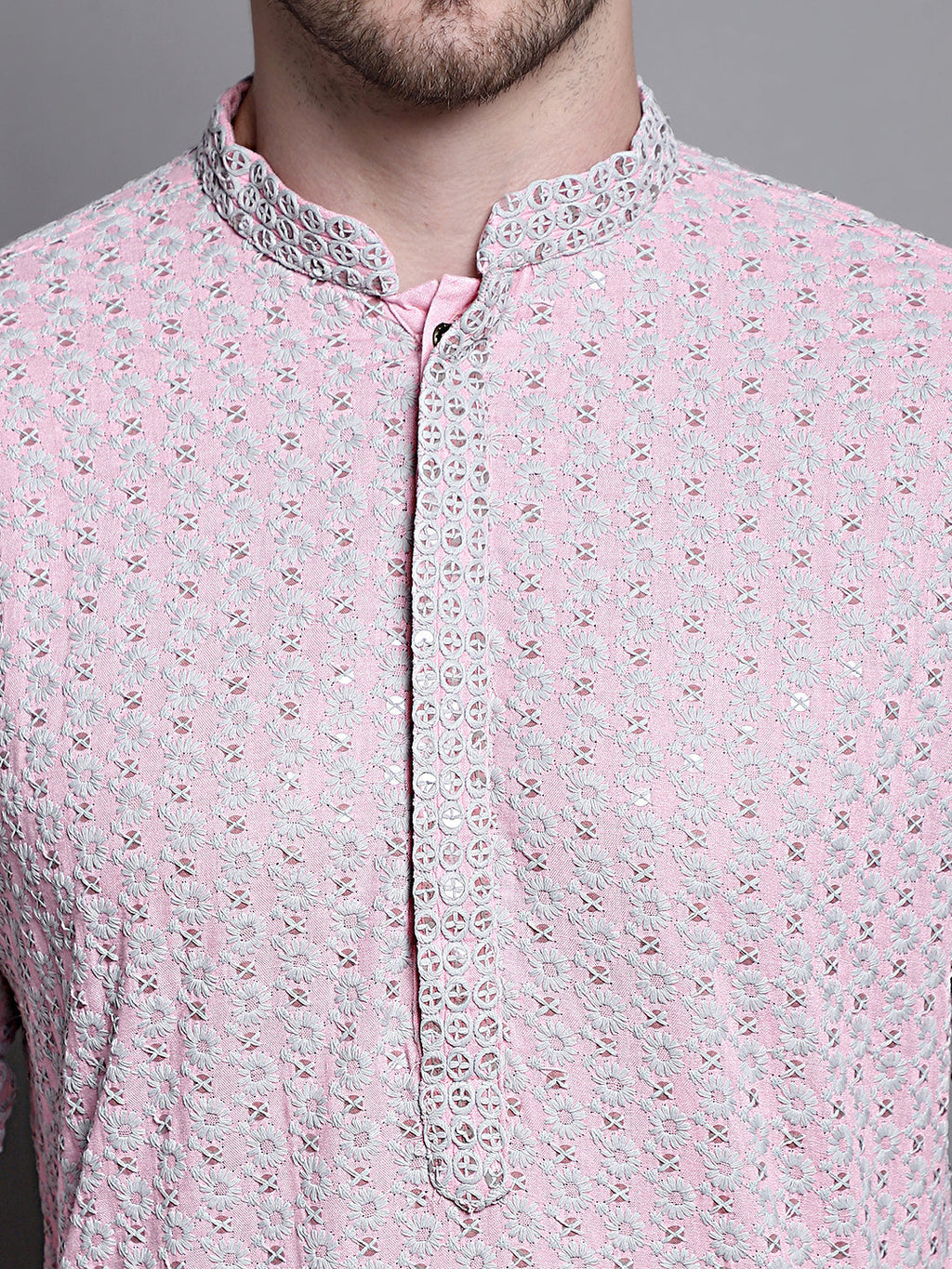 Jompers Men's Sequin Embroidered Pure Cotton Kurta - Pink