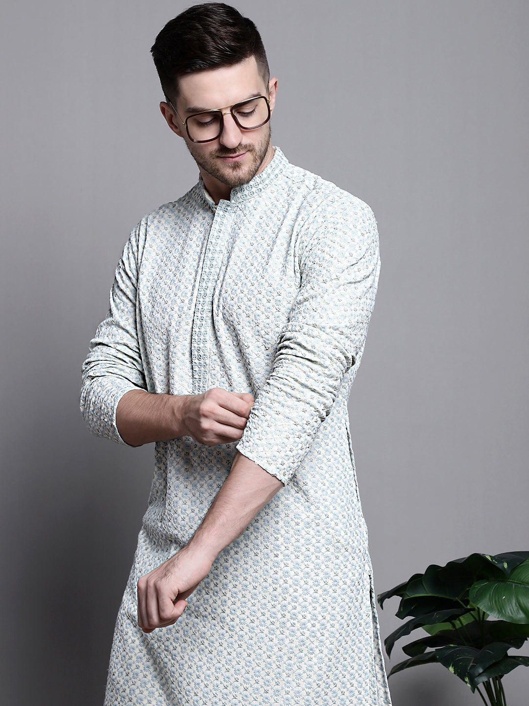 Jompers Men's Sequin Embroidered Pure Cotton Kurta - Yellow