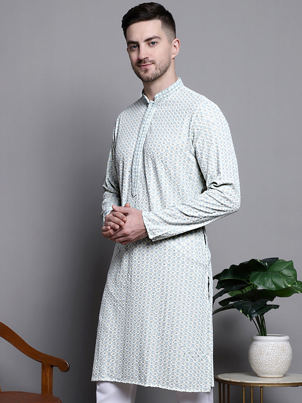 Jompers Men's Sequin Embroidered Pure Cotton Kurta - Yellow