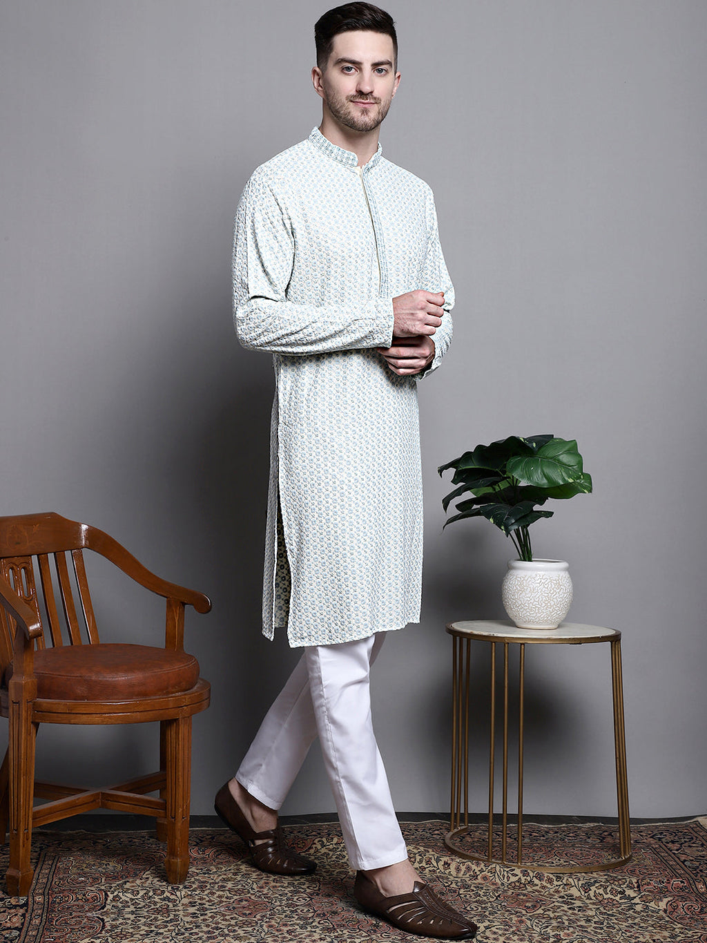 Jompers Men's Sequin Embroidered Pure Cotton Kurta - Yellow