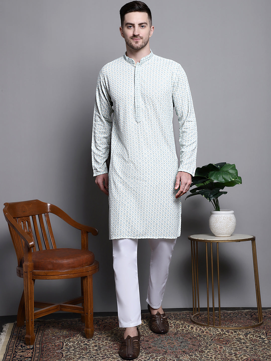 Jompers Men's Sequin Embroidered Pure Cotton Kurta - Yellow