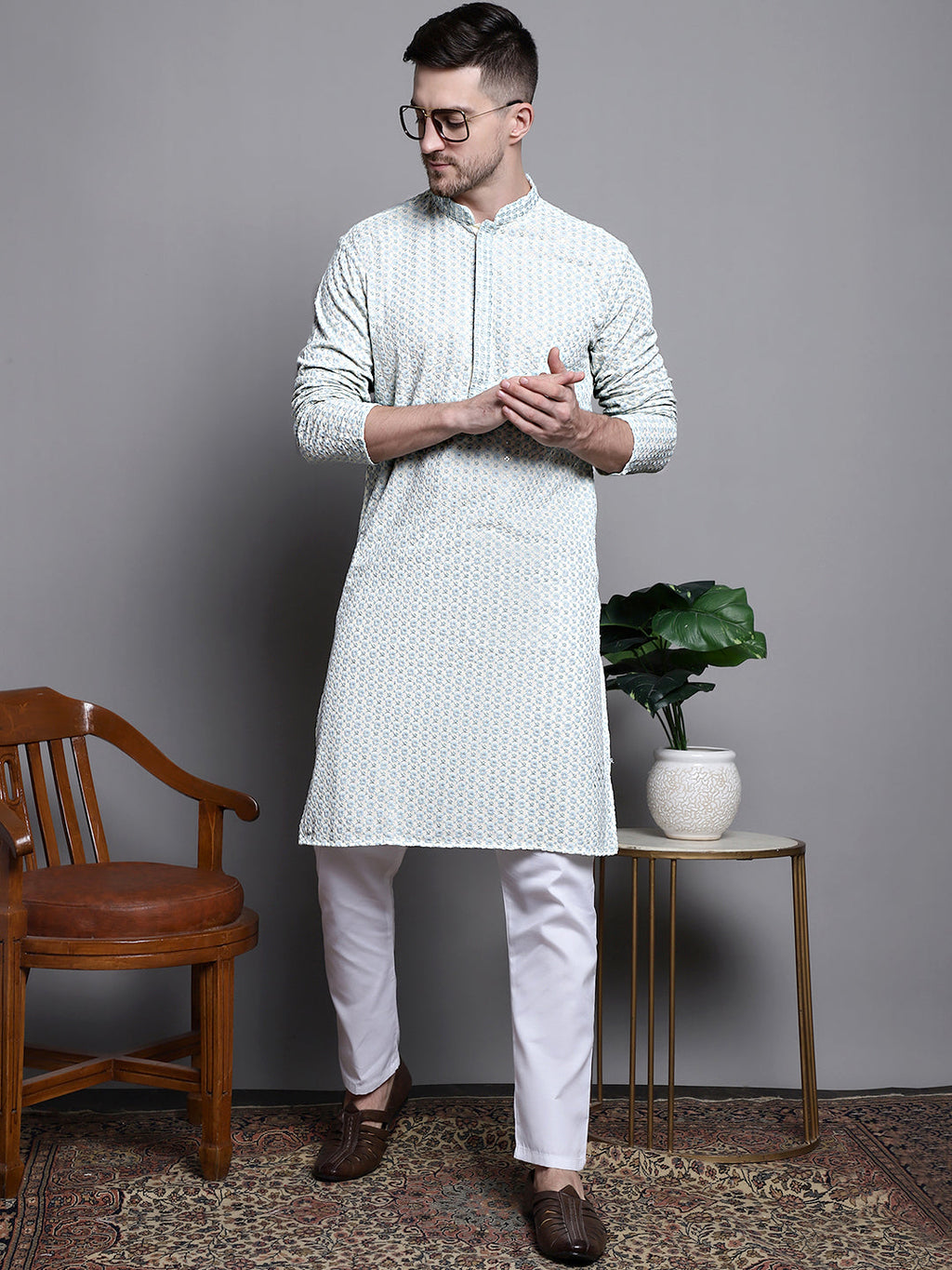 Jompers Men's Sequin Embroidered Pure Cotton Kurta - Yellow