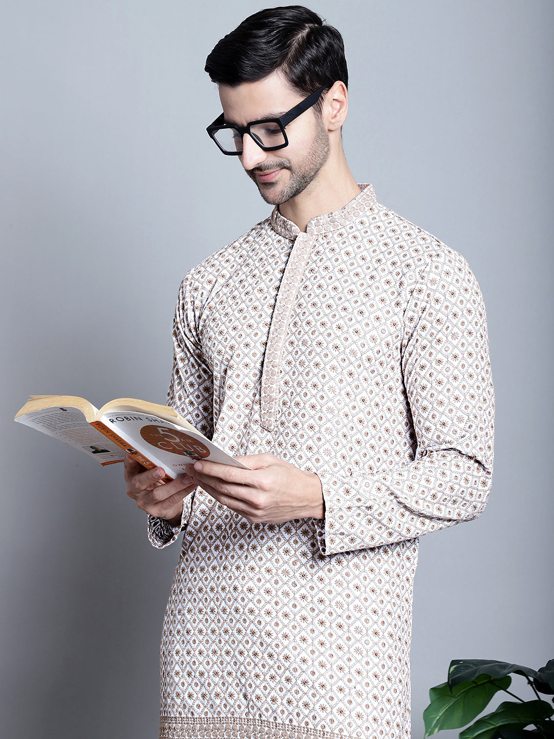 Jompers Men's Chikankari Embroidered Kurta Only - Beige