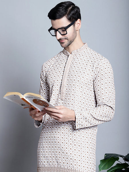 Jompers Men's Chikankari Embroidered Kurta Only - Beige