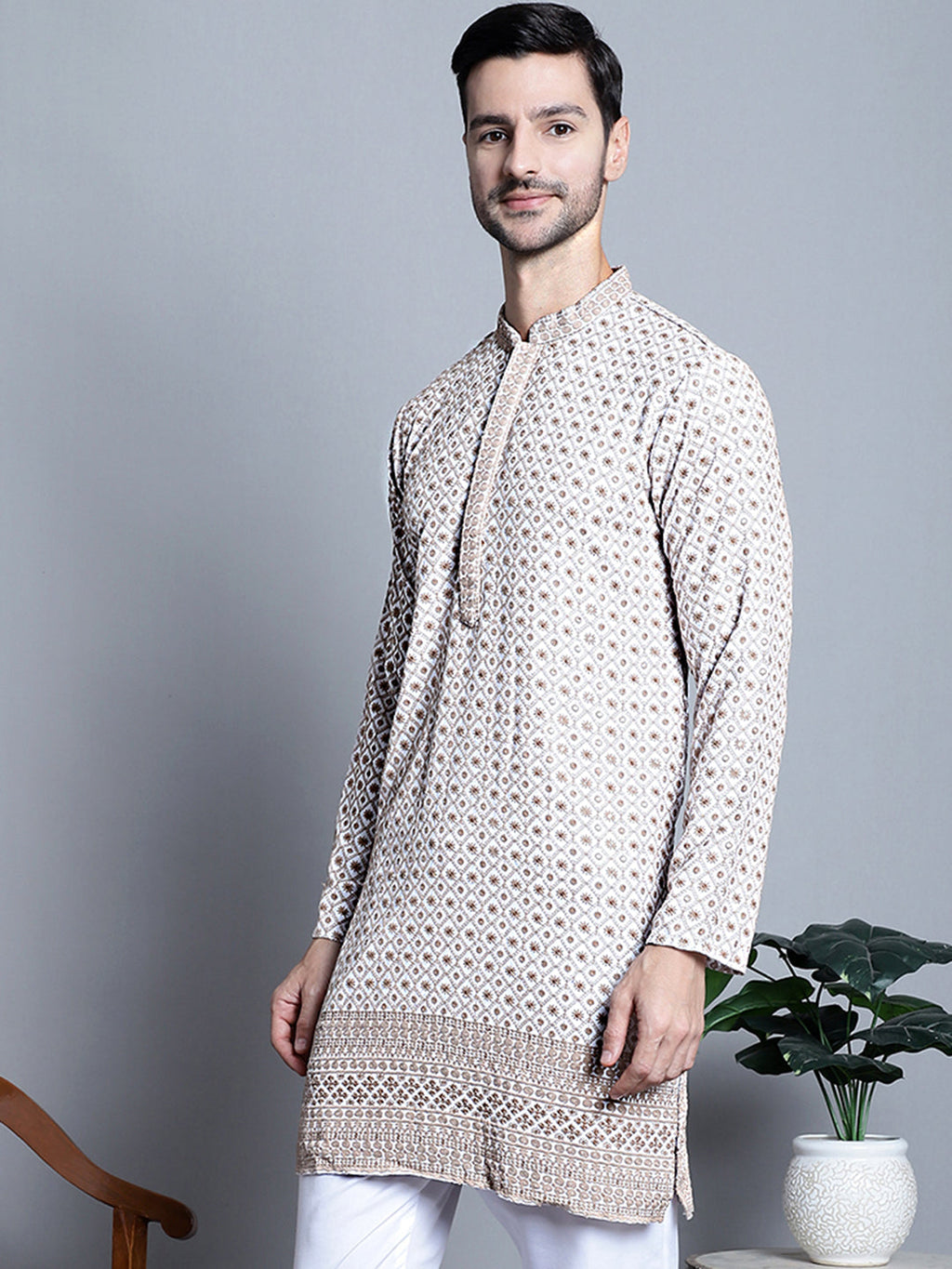 Jompers Men's Chikankari Embroidered Kurta Only - Beige